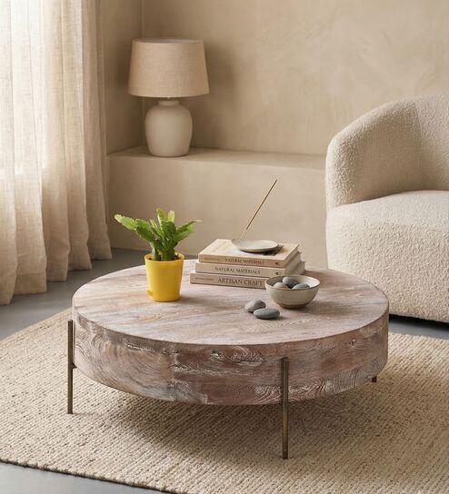 Drum Solid Wood Coffee Table in Natural Finish