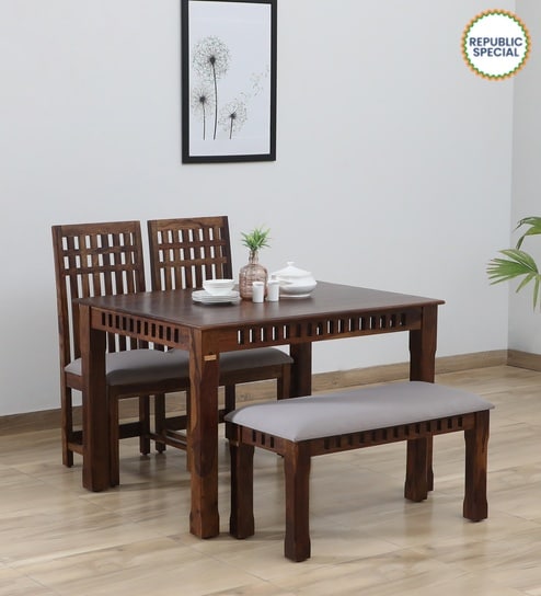 Drusilla Sheesham Wood 4 Seater Dining Set In Scratch Resistant Provincial Teak Finish With Bench