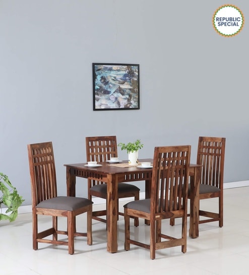 Drusilla Sheesham Wood 4 Seater Dining Set In Scratch Resistant Rustic Teak Finish