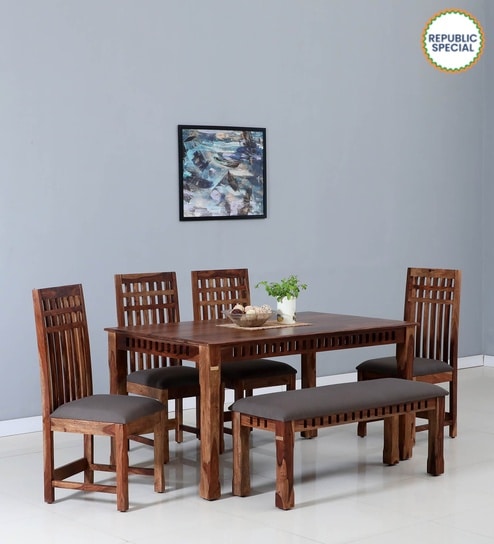 Drusilla Sheesham Wood 6 Seater Dining Set In Scratch Resistant Rustic Teak Finish With Bench