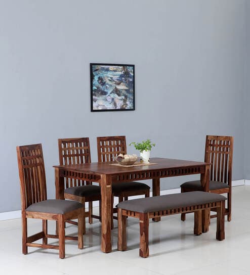 Drusilla Sheesham Wood 6 Seater Dining Set In Scratch Resistant Rustic Teak Finish With Bench