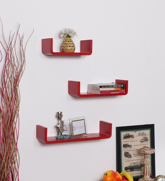 Buy Set Of 3 Engineered Wood Floating Wall Shelf In Red Colour By Driftingwood Online Modern Wall Shelves Wall Shelves Home Decor Pepperfry Product