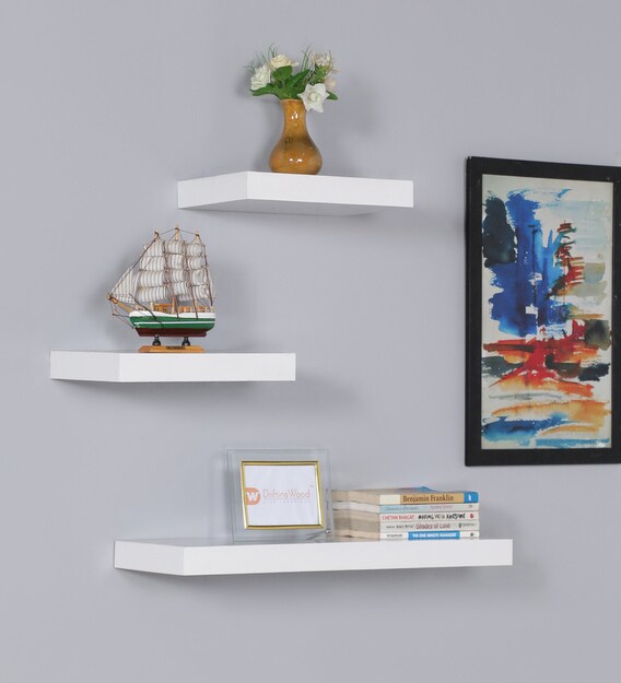 Buy Set of 3 Engineered Wood Floating Wall Shelf in White Colour by