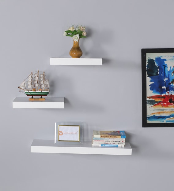 Buy Set Of 3 Engineered Wood Floating Wall Shelf In White Colour By 