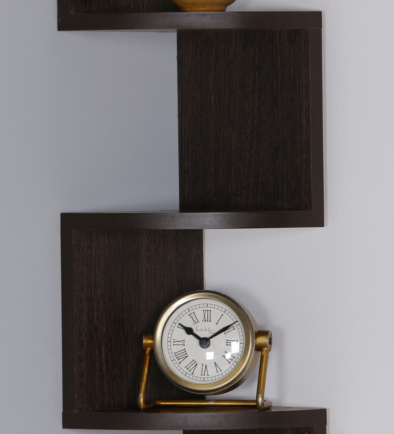 Buy Engineered Wood Zigzag Corner Wall Shelf in Wenge Colour by