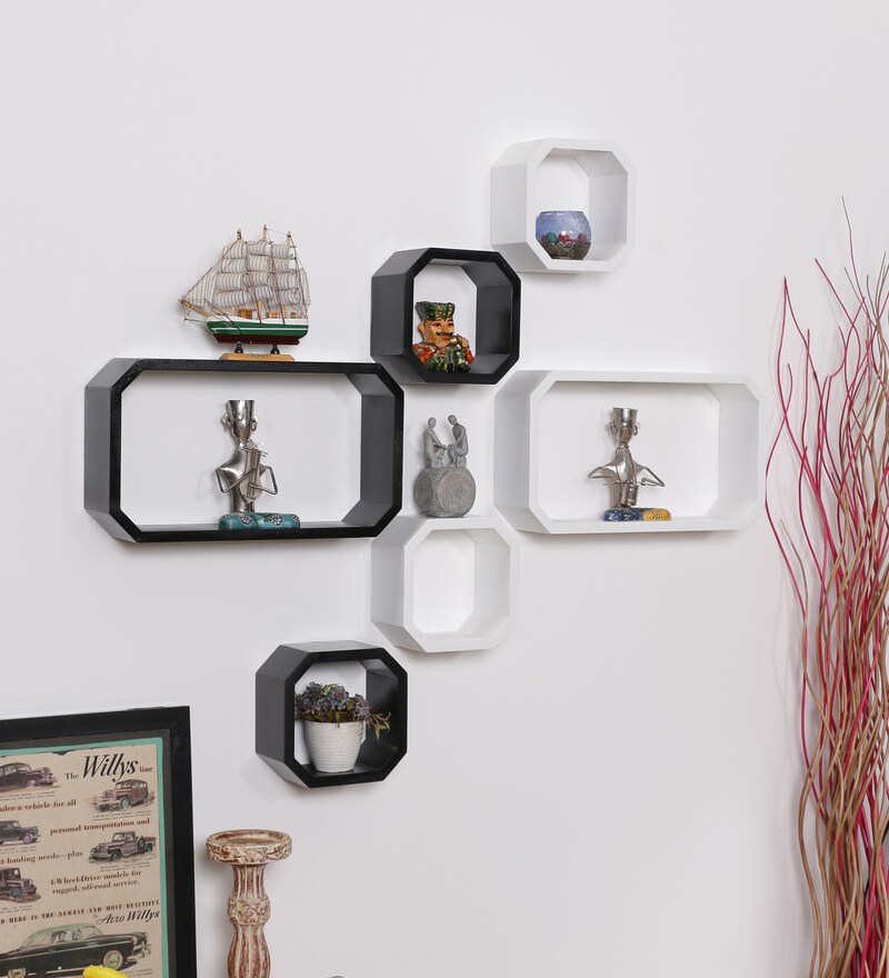 Buy Driftingwood Black White Mdf Octagon Shape Wall Shelf Set Of 6 Online Modern Wall Shelves Wall Shelves Home Decor Pepperfry Product