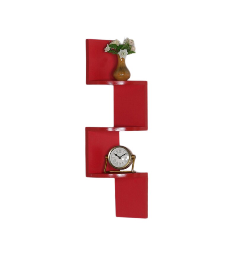 Buy Engineered Wood Zigzag Corner Wall Shelf in Red Colour by