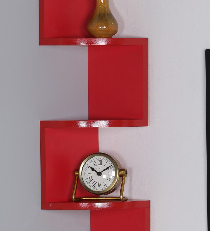 Buy Engineered Wood Zigzag Corner Wall Shelf in Red Colour by