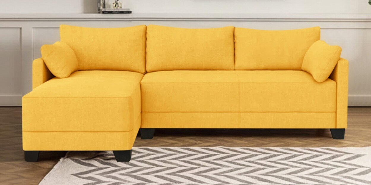 Buy Duke Fabric RHS Sectional Sofa(3 + Lounger) In Lemon Yellow Colour