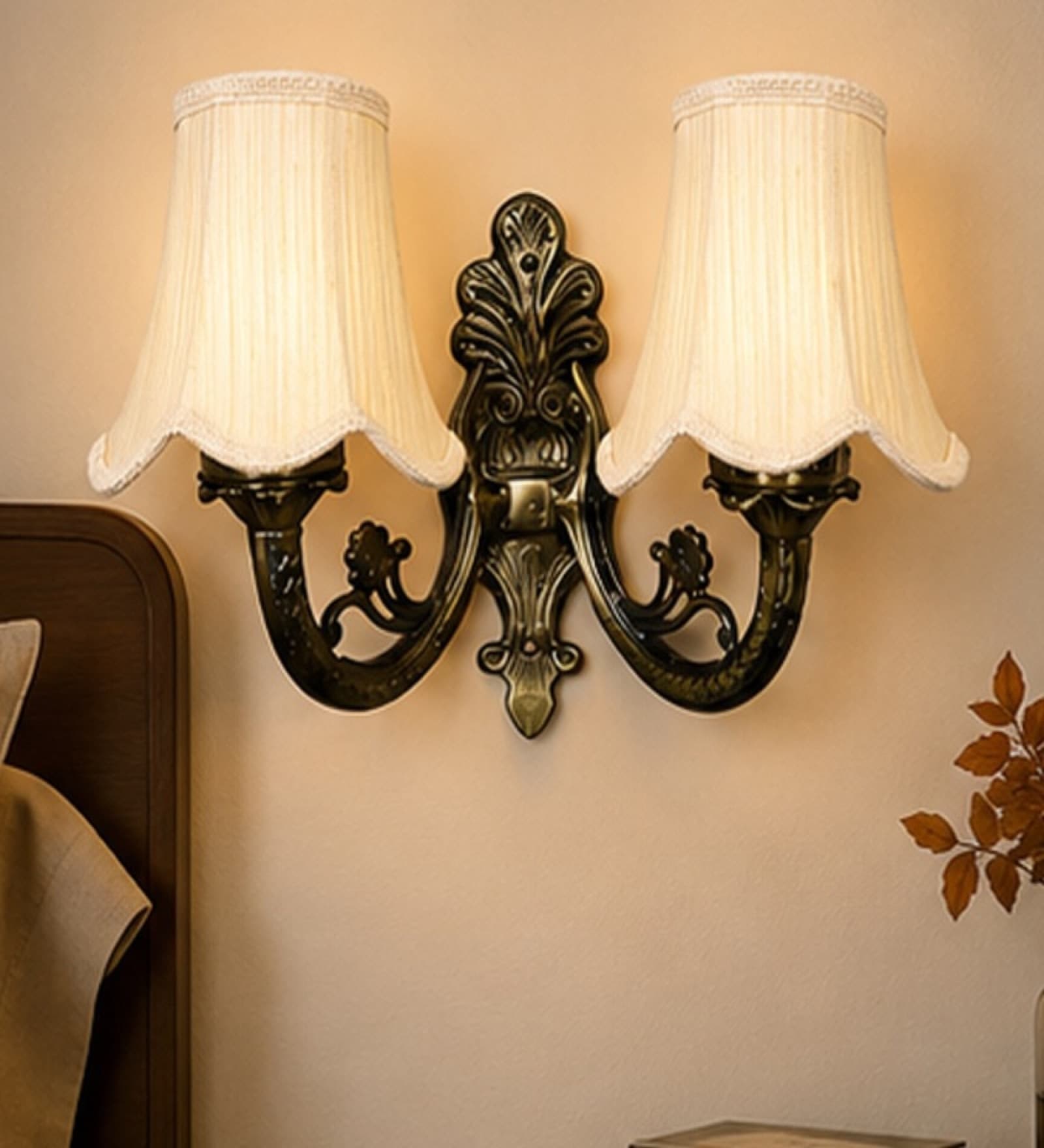 Dual Arm Gold Antique Wall Mounted Lamp with Off-White Cotton Shades