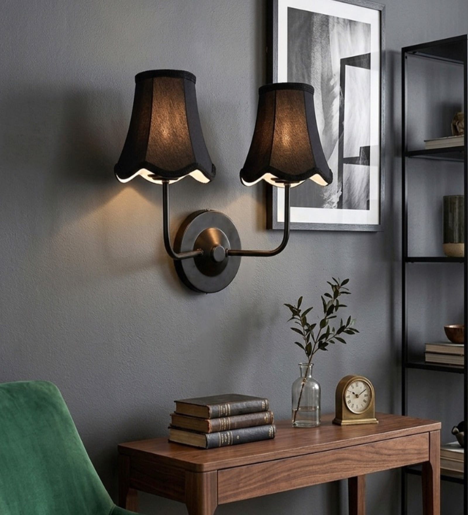 Dual Black Wall Light with Black Cotton Shades