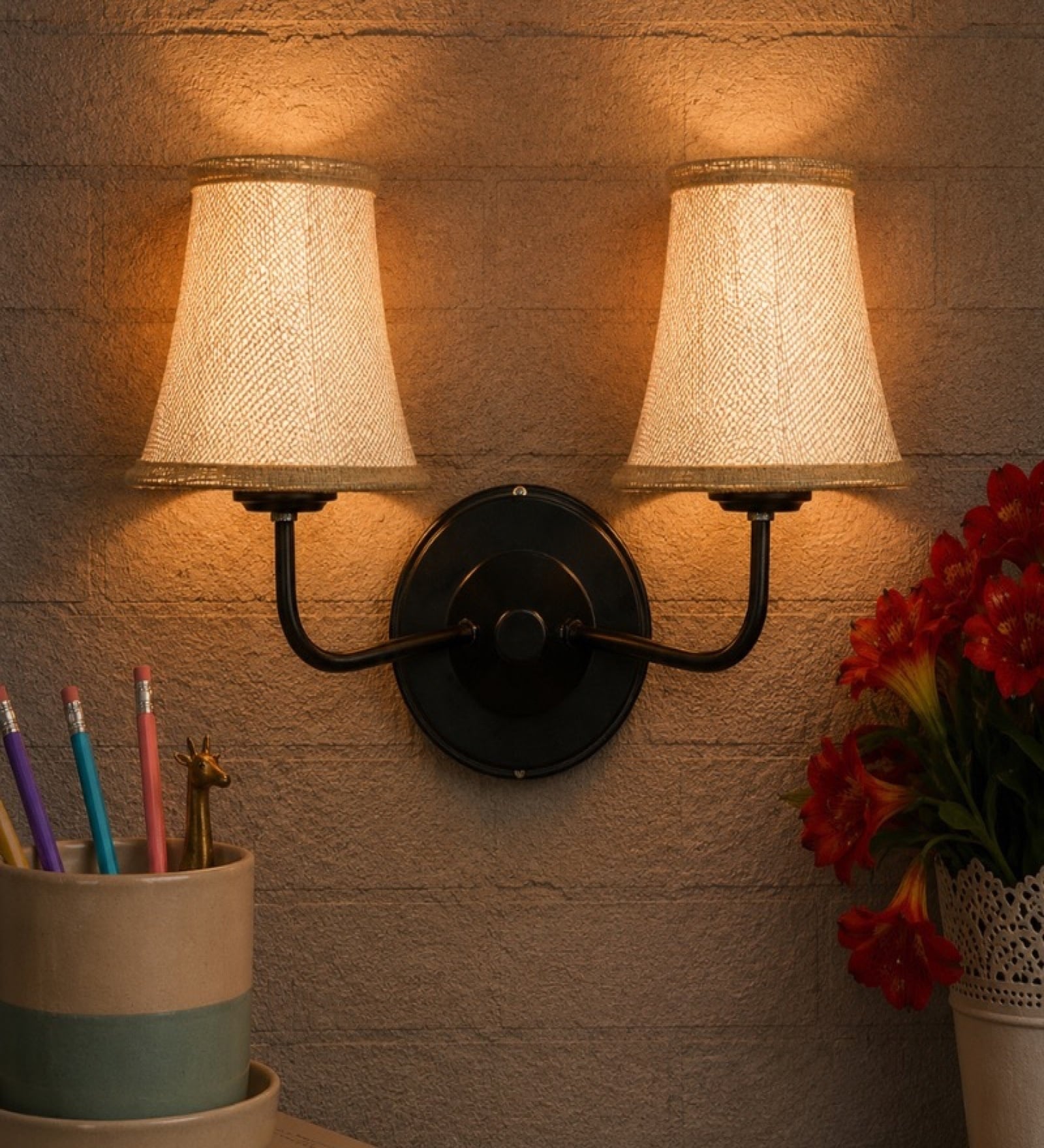 Dual Black Wall Mounted Lamp with Beige Jute Shades