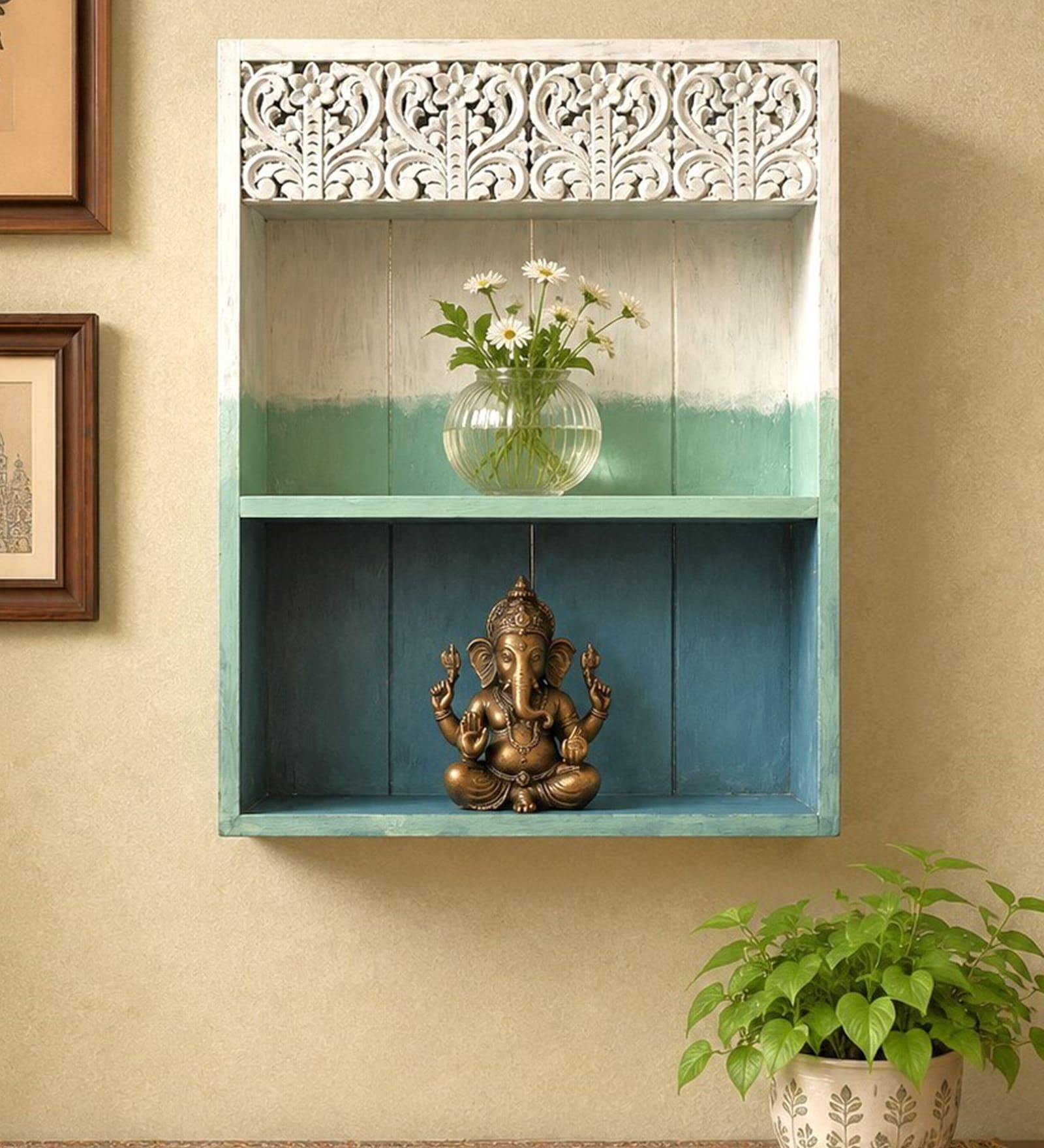 Blue Solid Wood Handcarved Rack Style Floating Wall Shelf With 2 Compartments