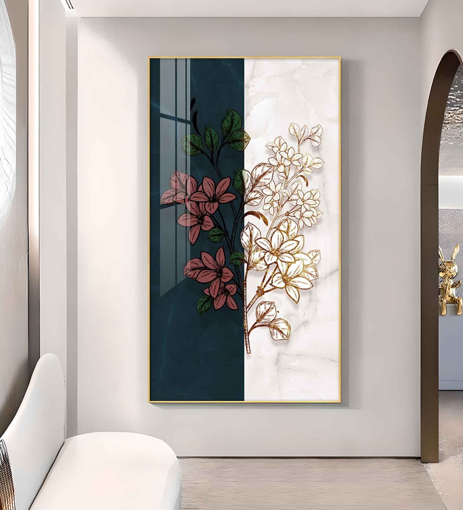 Dual Floral Marble Glass Finish Vertical Wall Art