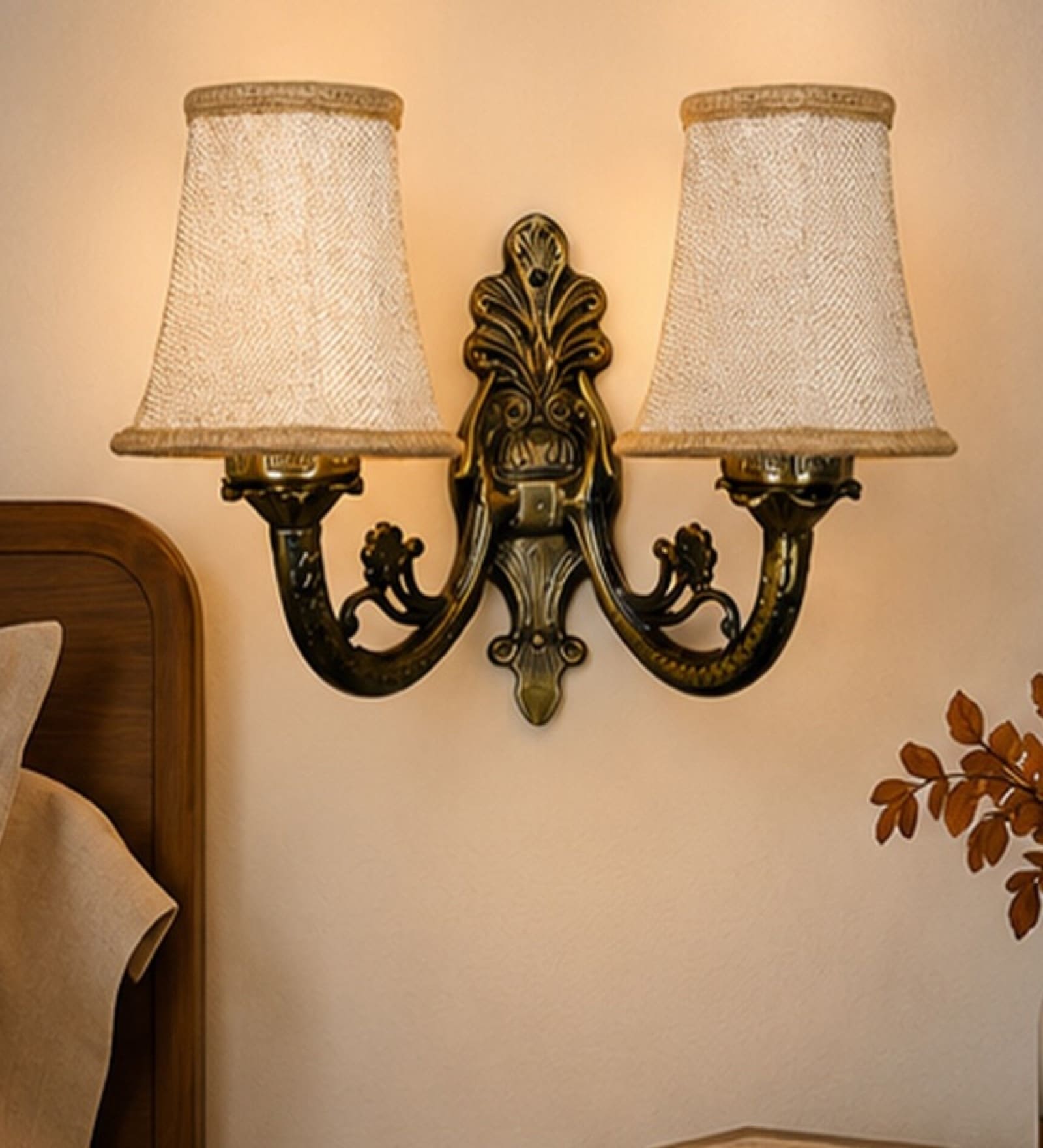 Dual Gold Antique Decorative Wall Lamp with Beige Jute Shades for Hotel