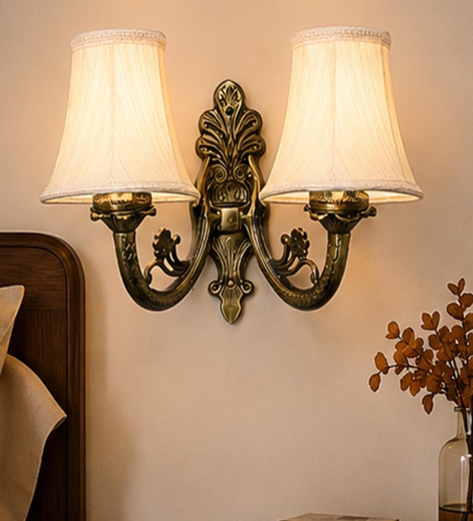 Dual Gold Antique Wall Mounted Lamp with Off-White Cotton Shade
