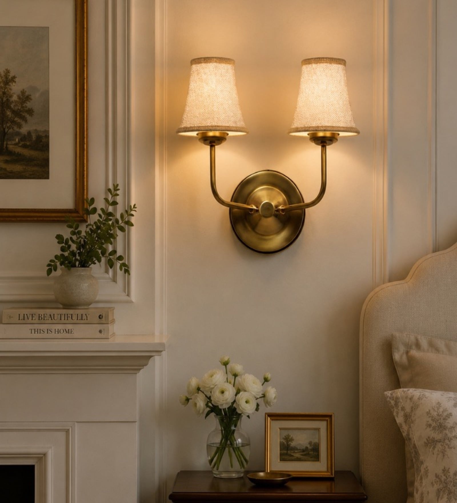 Dual Gold Metal Wall Mounted Lamp with Beige Jute Shade
