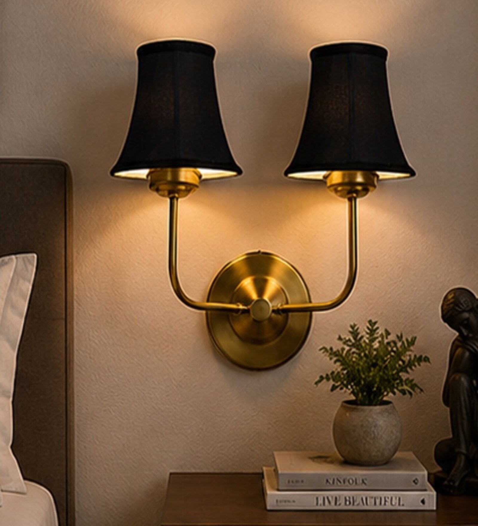 Dual Gold Metal Wall Mounted Lamp with Black Cotton Shade