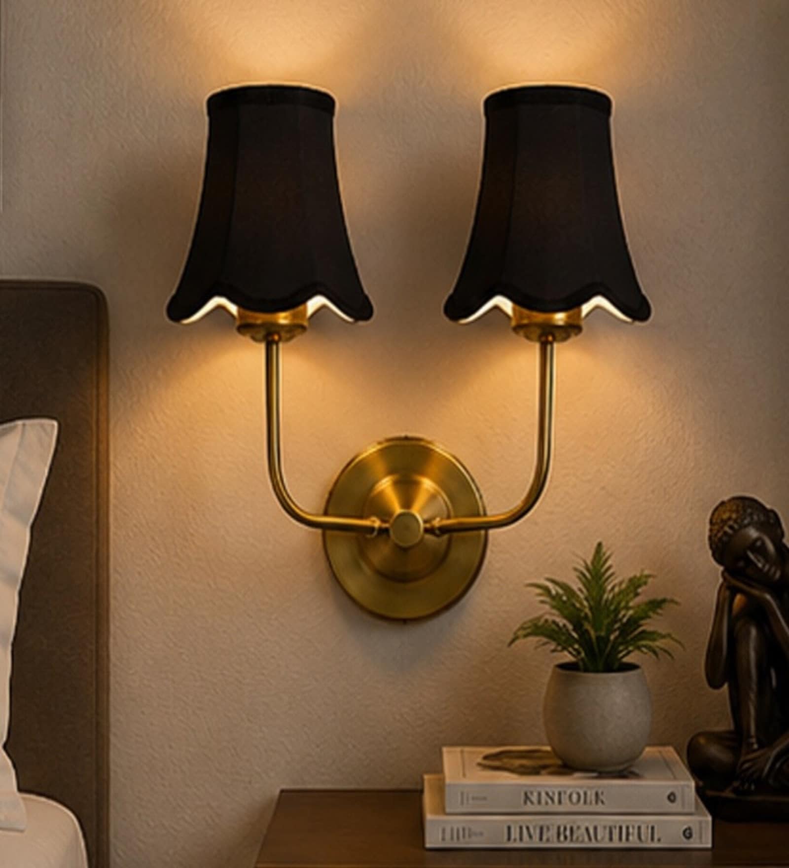 Dual Gold Metal Wall Mounted Lamp with Black Fabric Shade