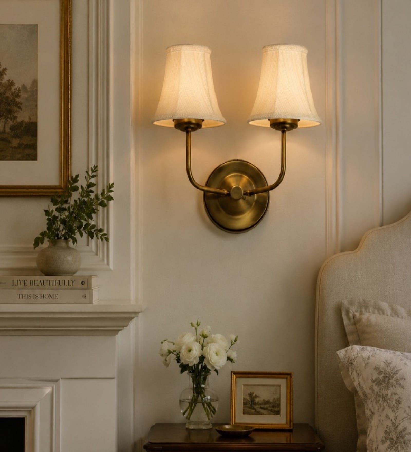 Dual Gold Metal Wall Mounted Lamp with Off-White Cotton Shades