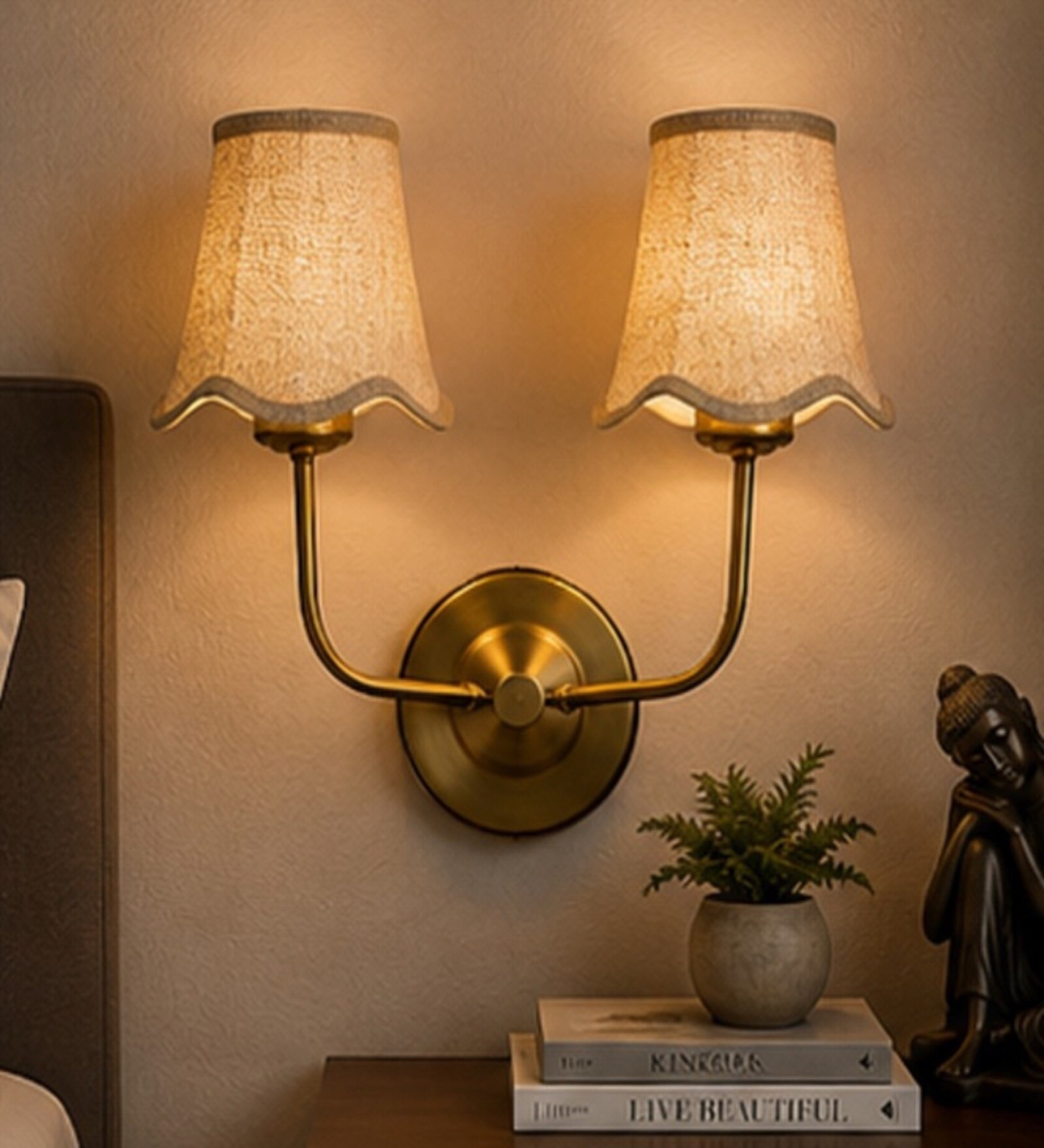 Dual Gold Metal Wall Sconce with Beige Jute Shade for Modern Home Interiors