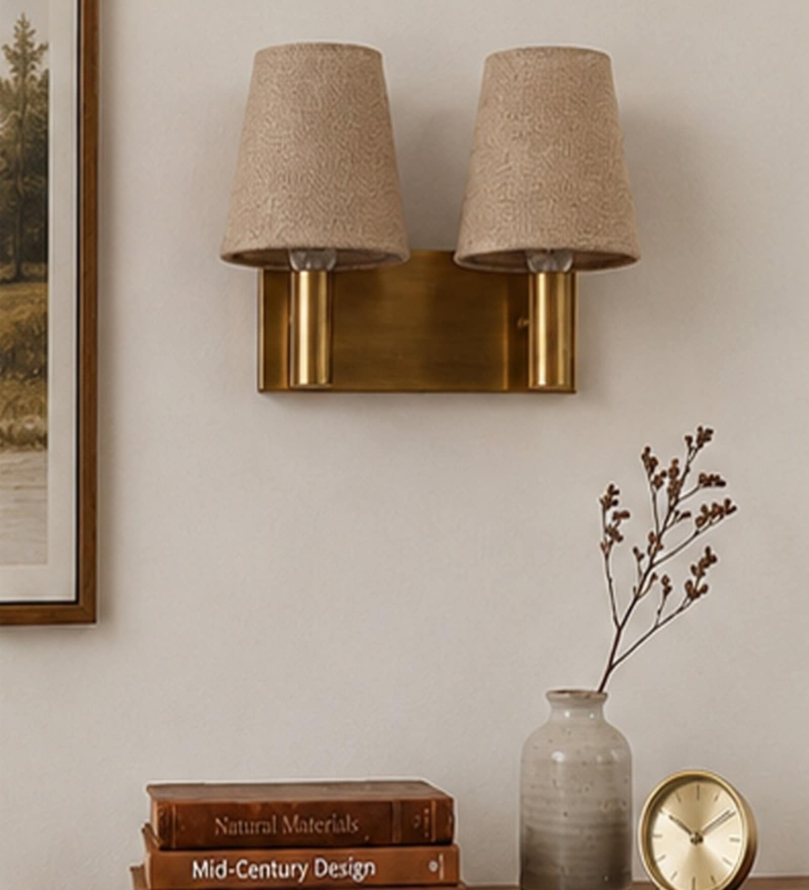 Dual Gold Wall Lamp with Beige Jute shade