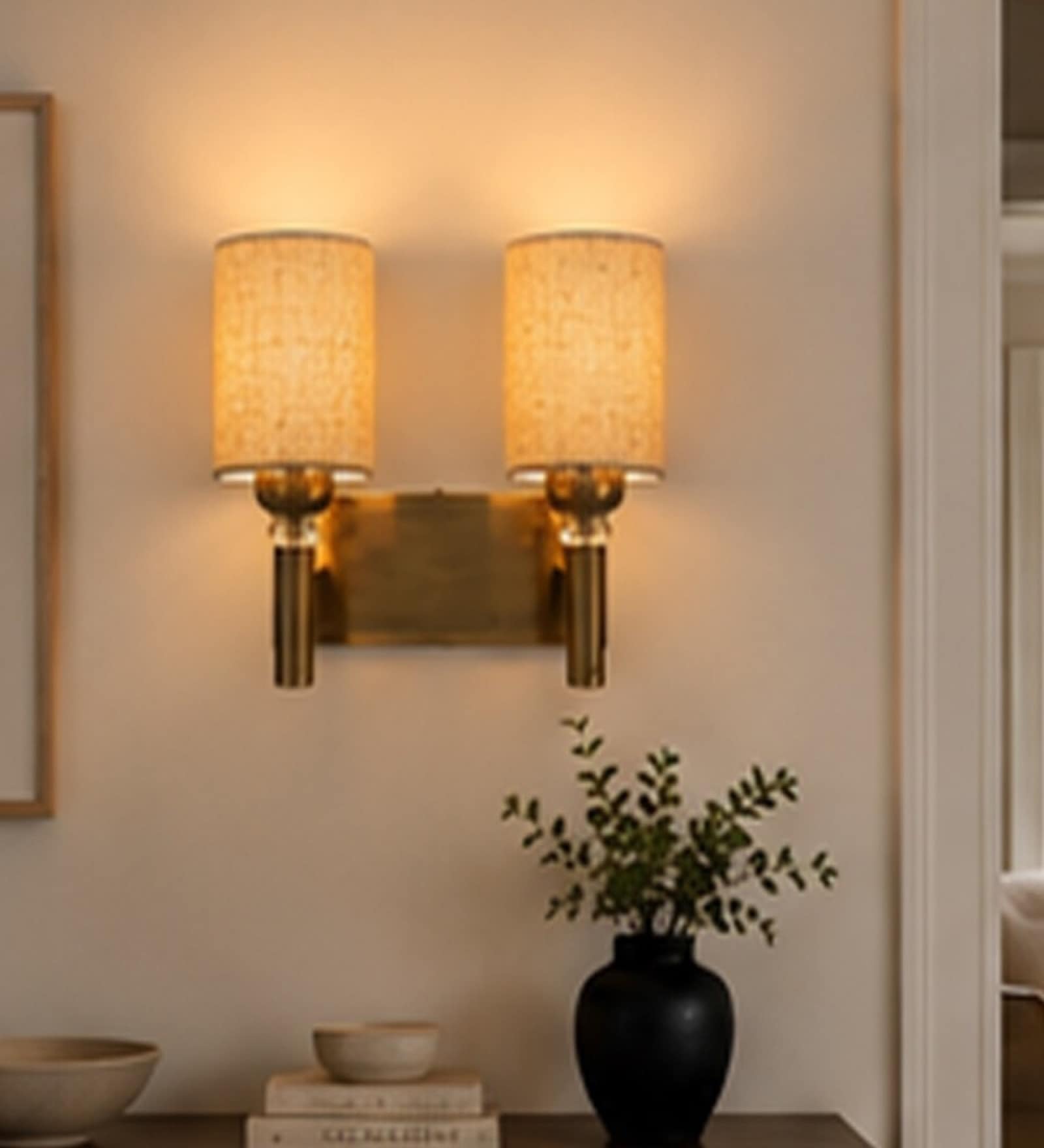 Dual Gold Wall Lamp with Beige Jute shade