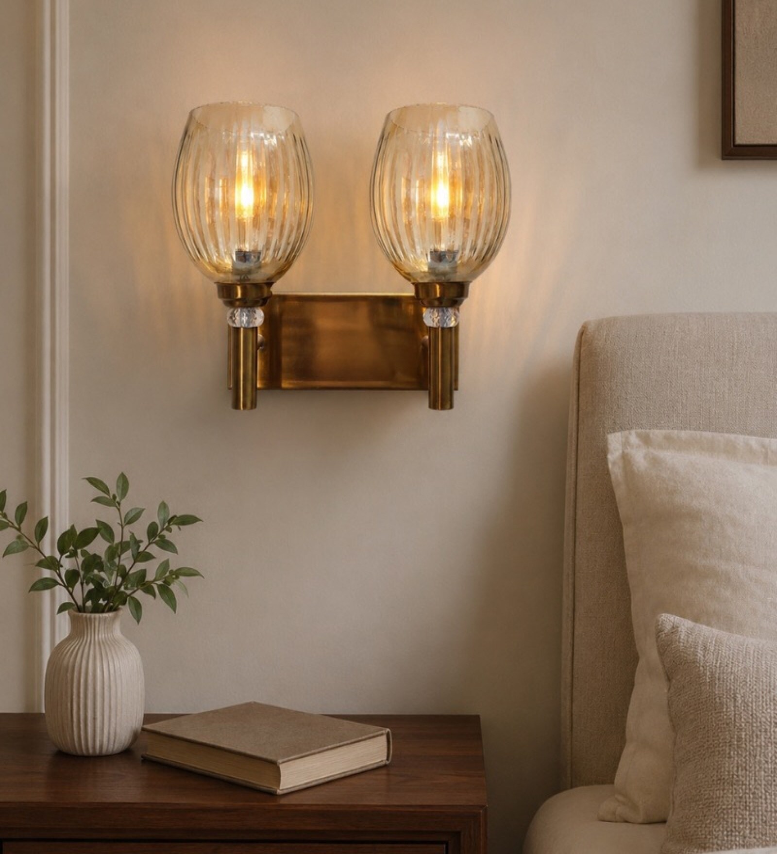 Dual Gold Wall Lamp with Lavender Glass