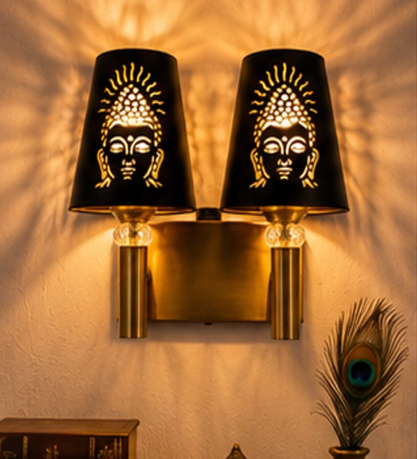 Dual Gold Wall Lamp with Metal Etched Shade