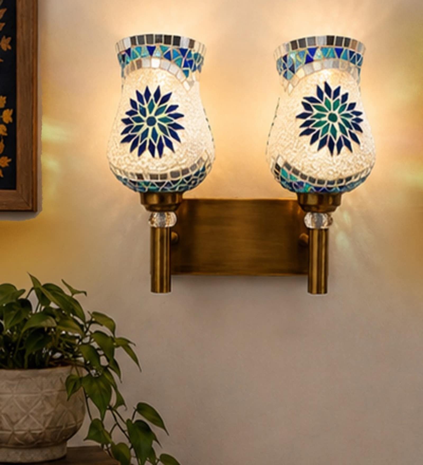 Dual Gold Wall Lamp with Mosaic Glass