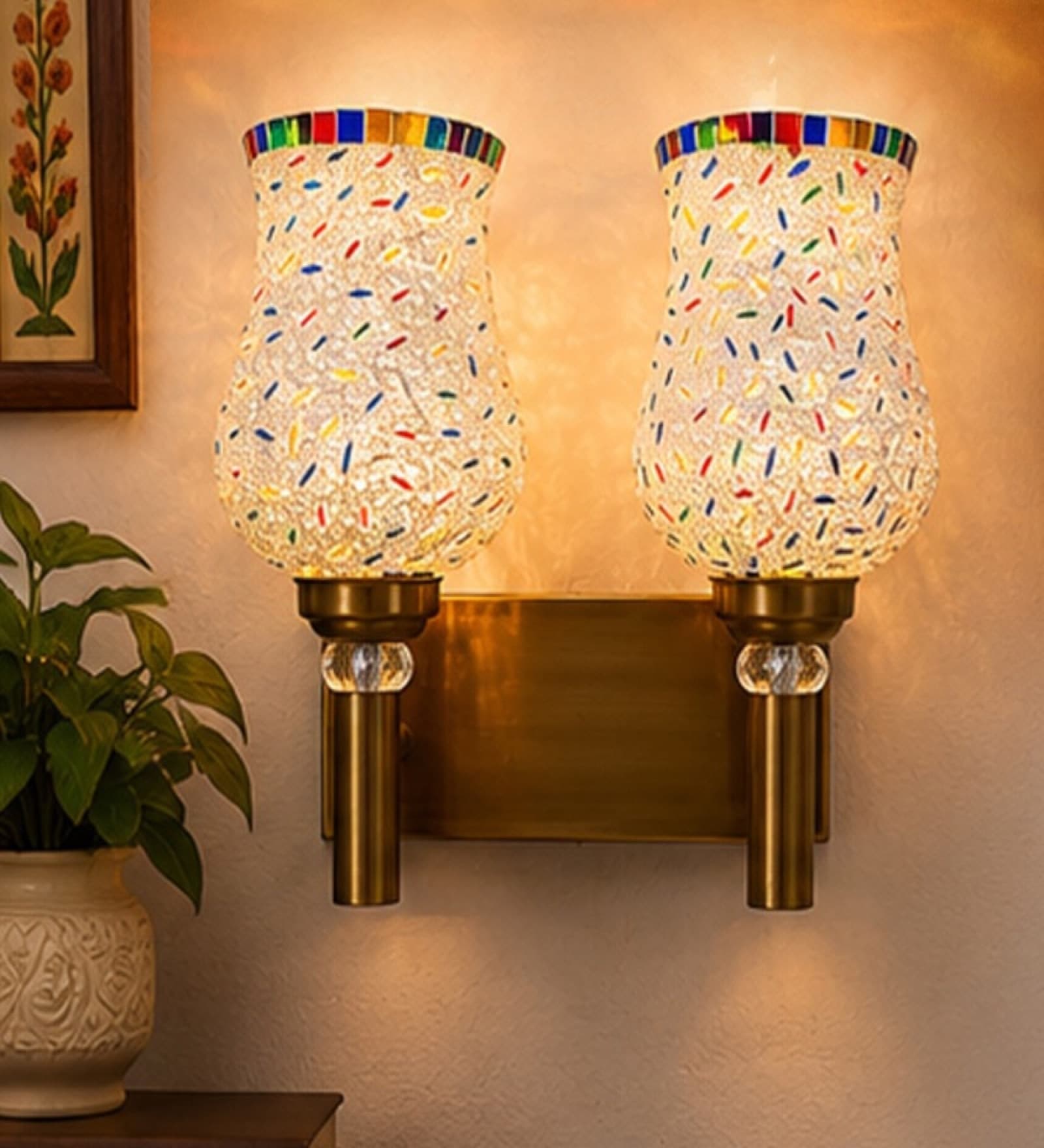 Dual Gold Wall Lamp with Mosaic Glass
