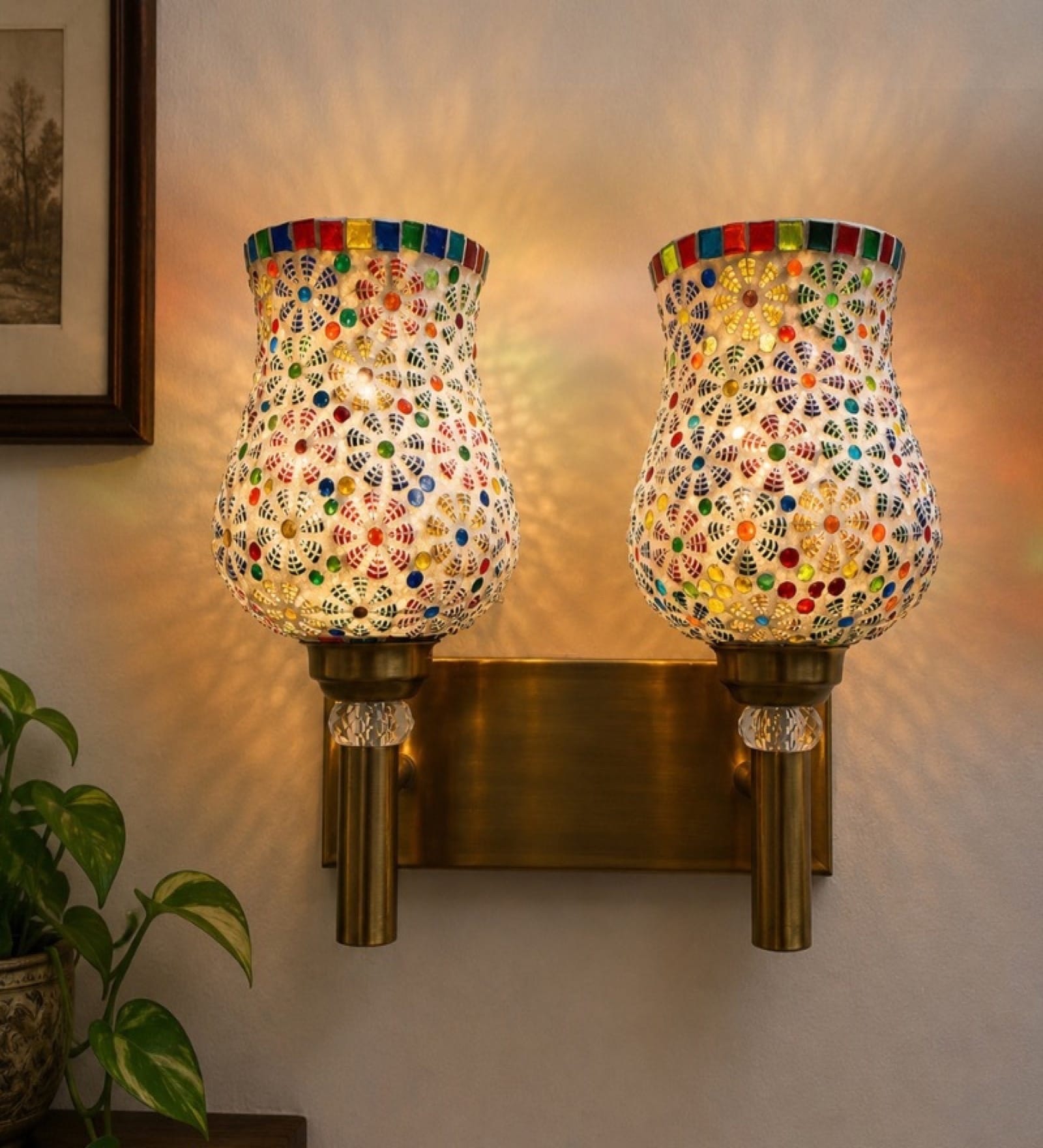 Dual Gold Wall Lamp with Mosaic Glass