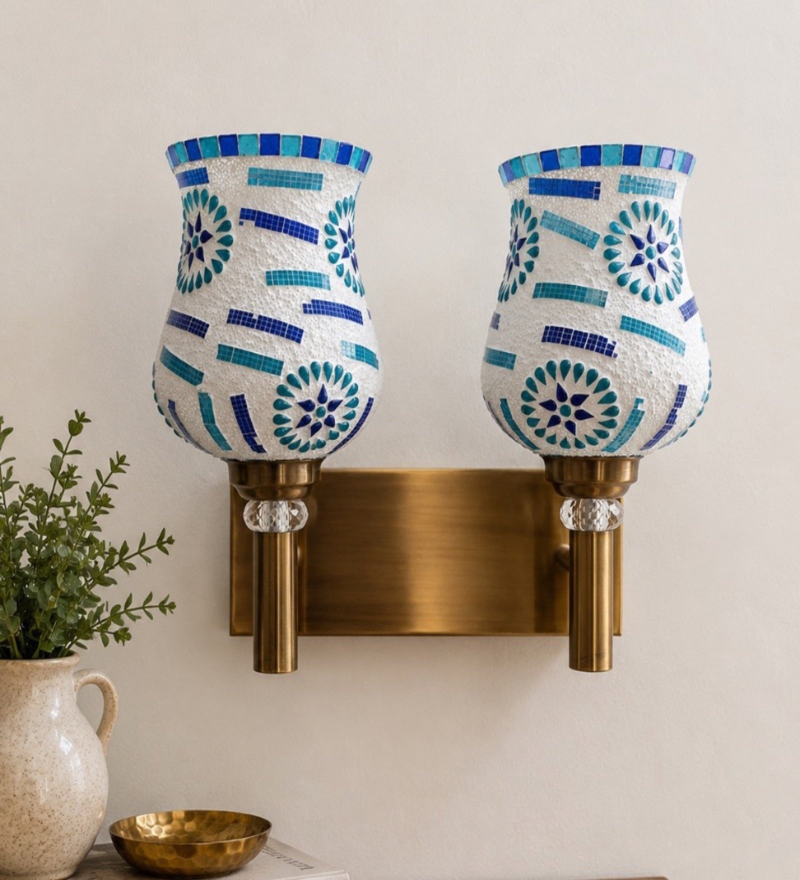 Dual Gold Wall Lamp with Mosaic Glass