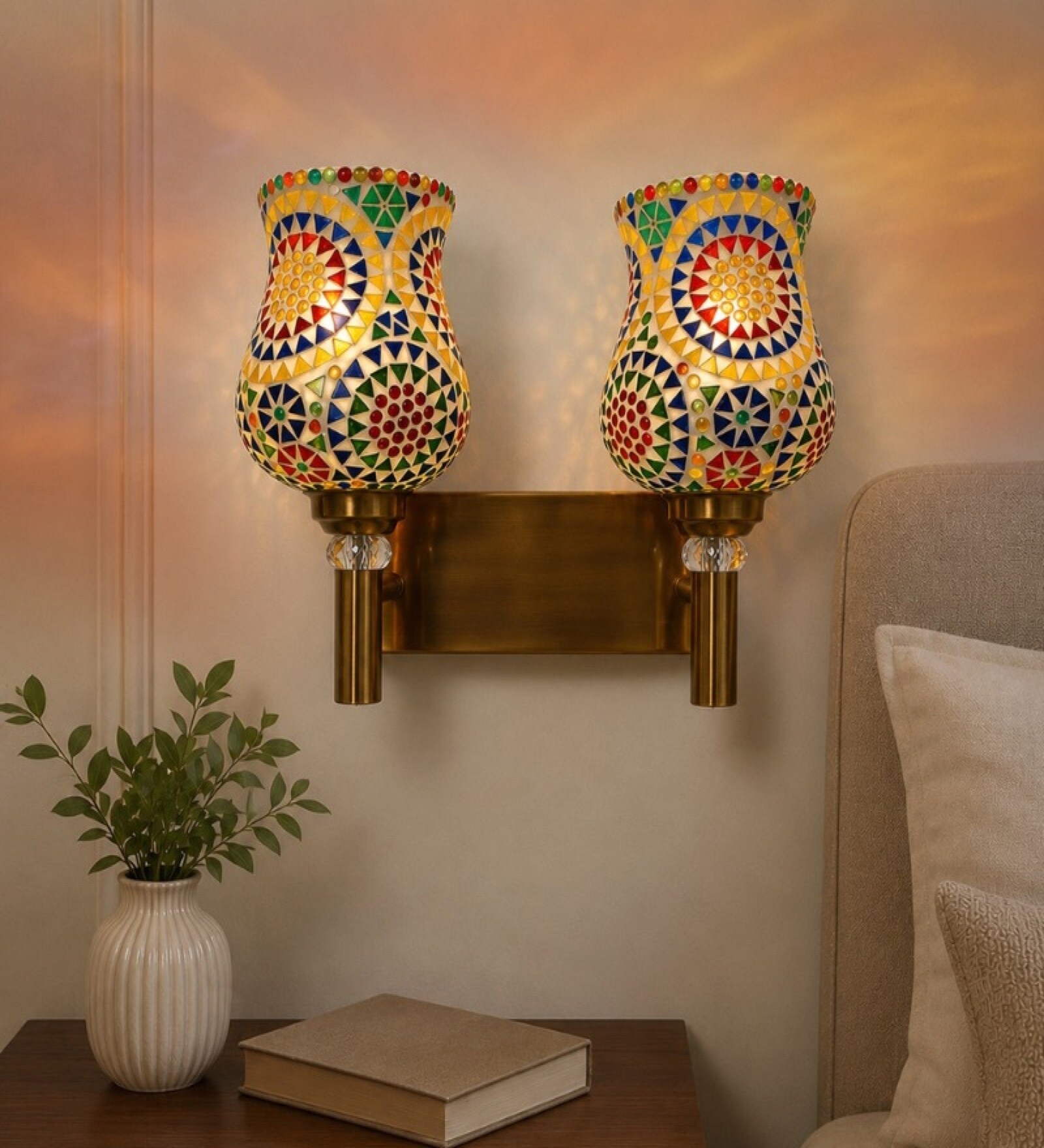 Dual Gold Wall Lamp with Mosaic Glass