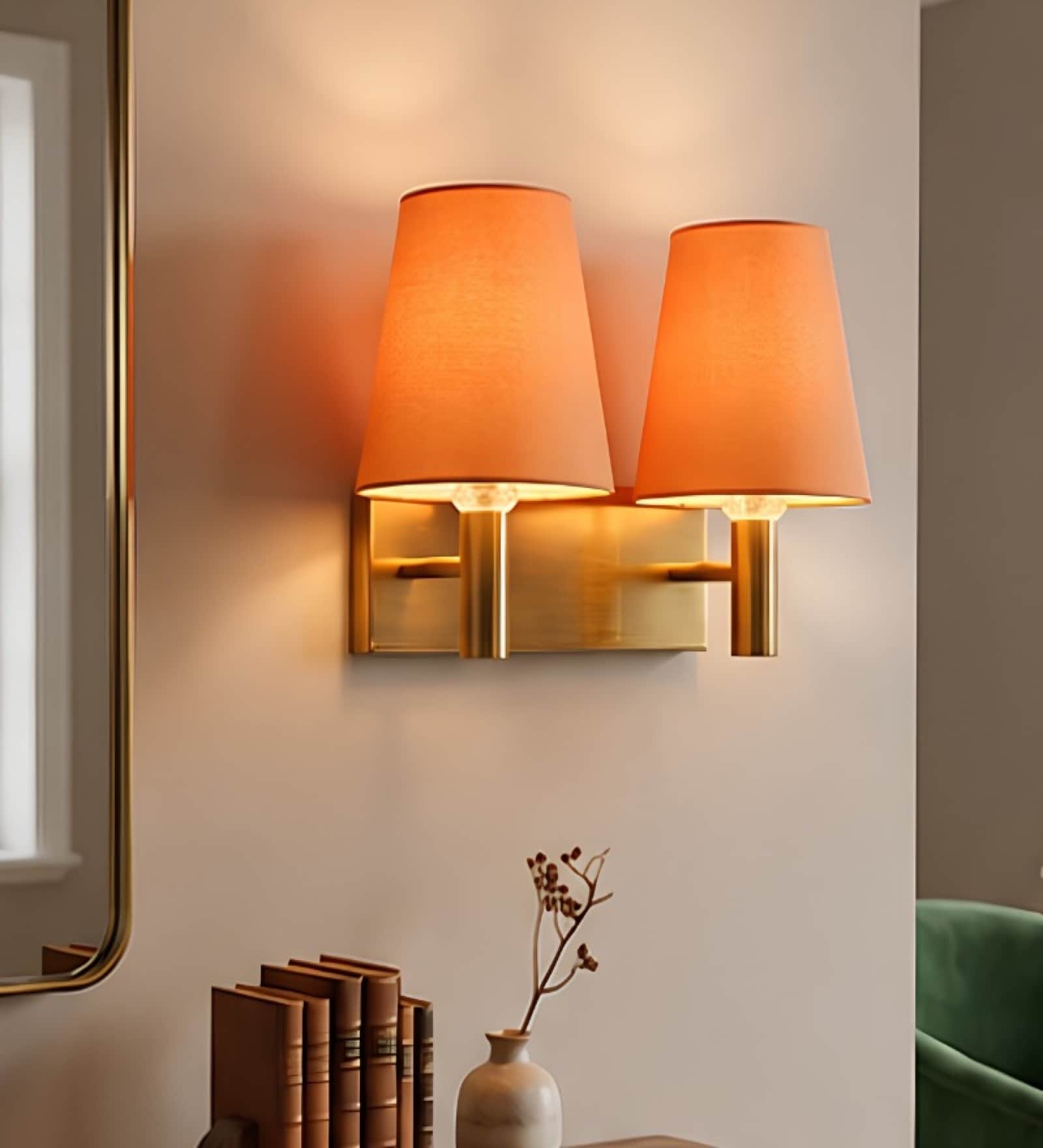Dual Gold Wall Lamp with Orange cotton shade