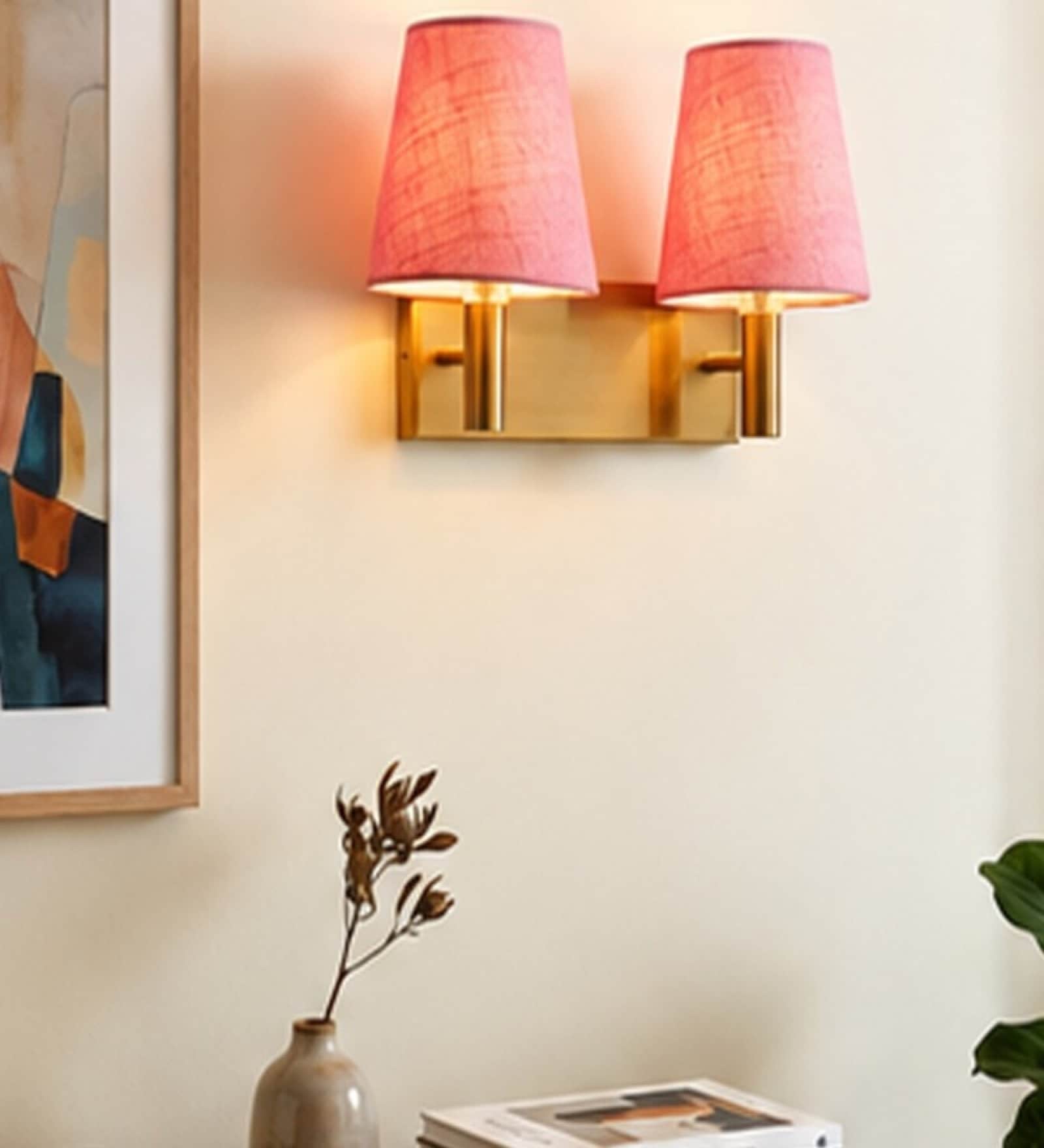 Dual Gold Wall Lamp with Pink Jute shade