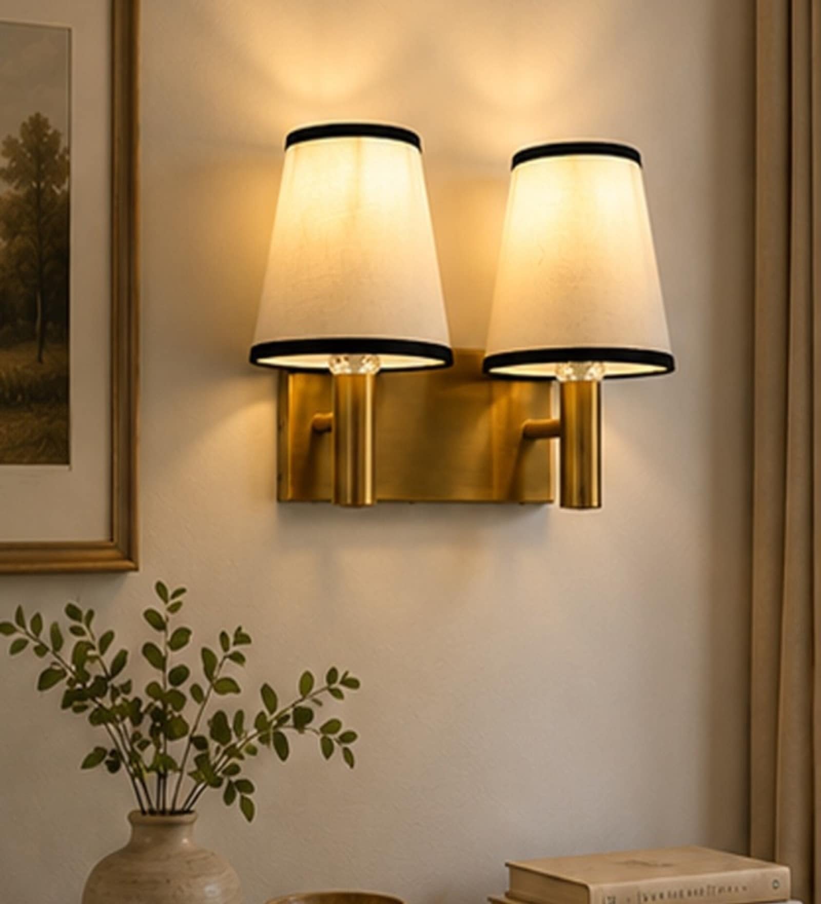 Dual Gold Wall Lamp with White & Black  cotton shade