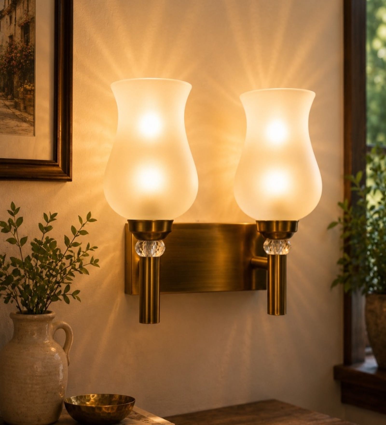 Dual Gold Wall Lamp with White Frosted Glass