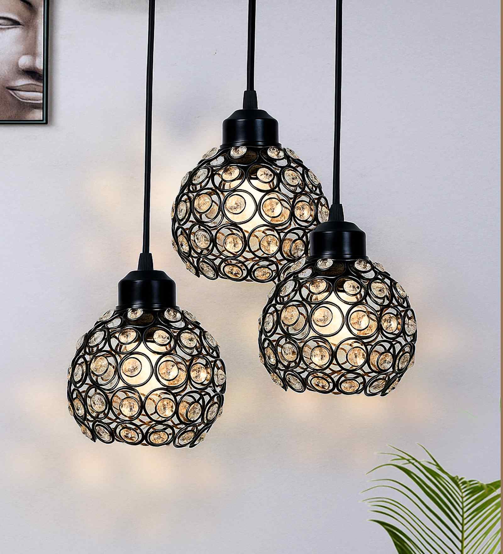 Dual Half Globe 3 Light Round Black Crystal & Metal Cluster Chandelier
