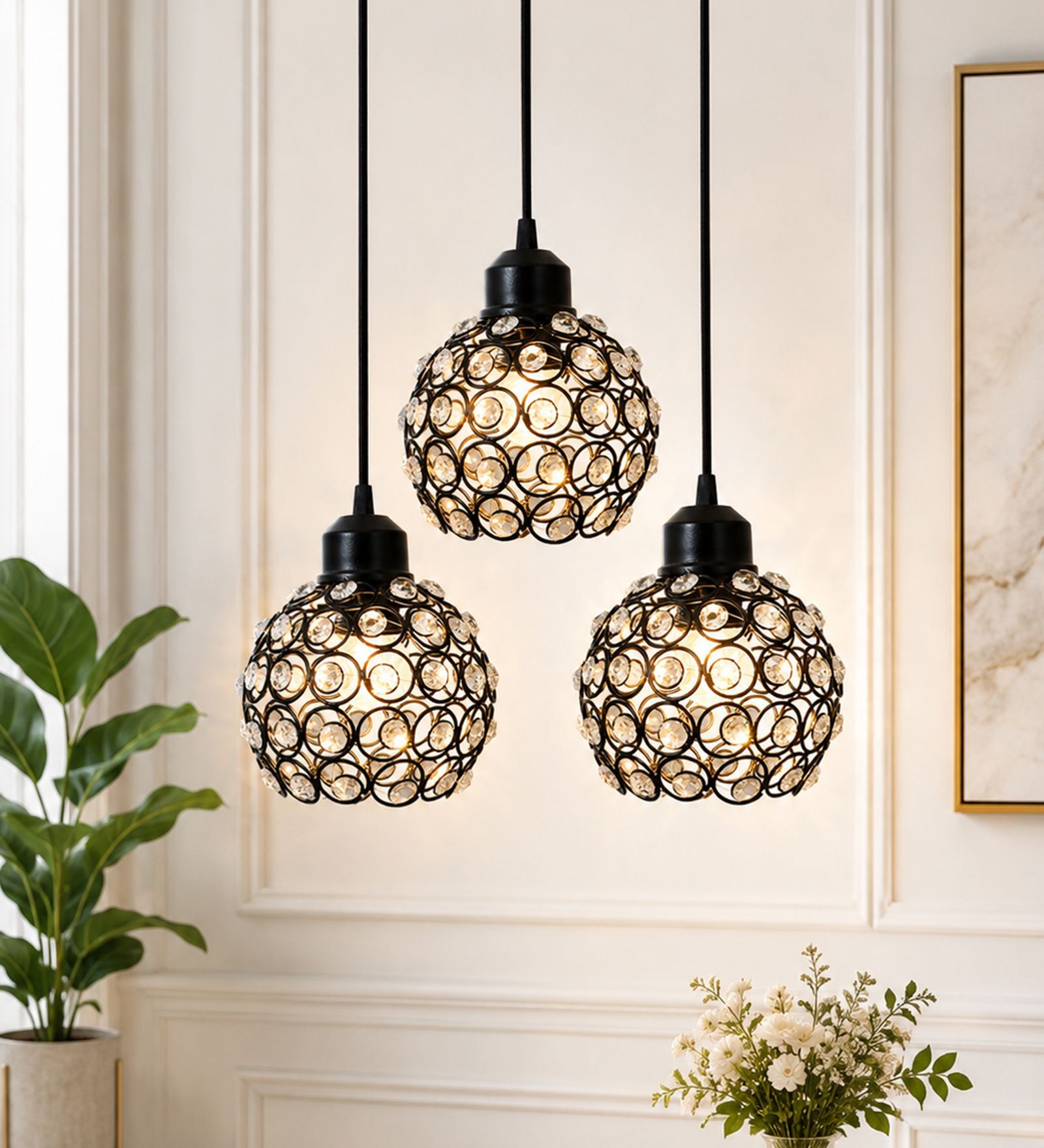 Dual Half Globe 3 Light Round Black Crystal & Metal Cluster Chandelier