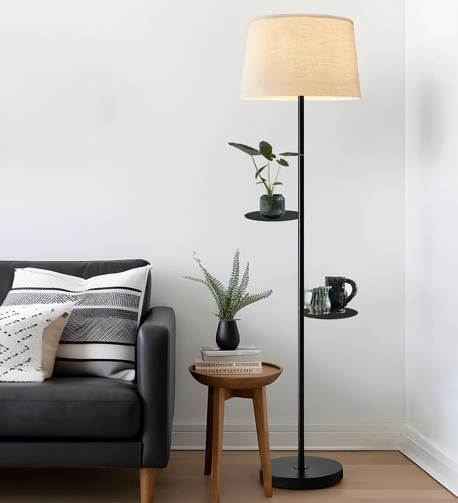 White Dual Shelf Floor Lamp with Fabric Shade