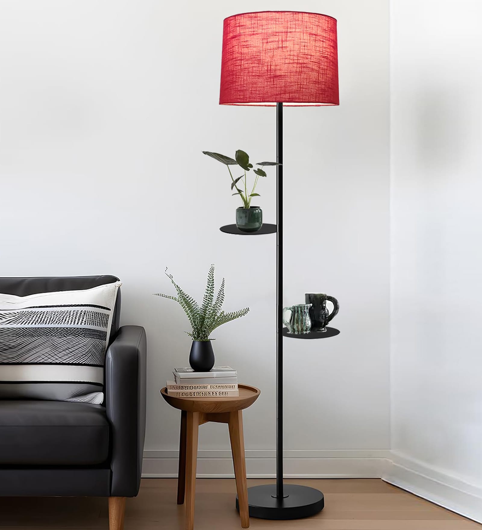 Red Dual Shelf Floor Lamp with Fabric Shade