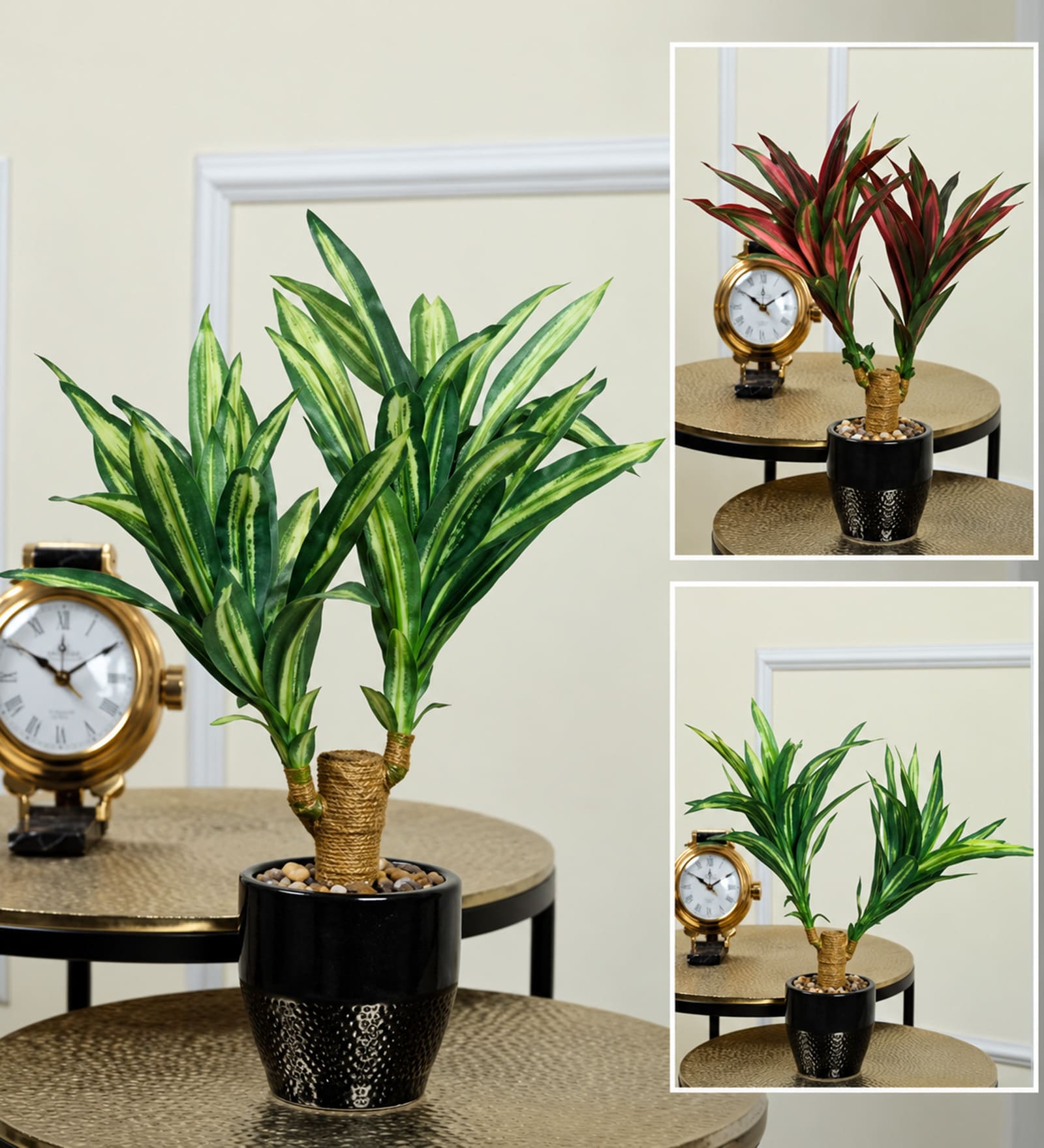 White Fabric Artificial Dual-Stem Variegated Grass Bonsai in Ceramic Pot