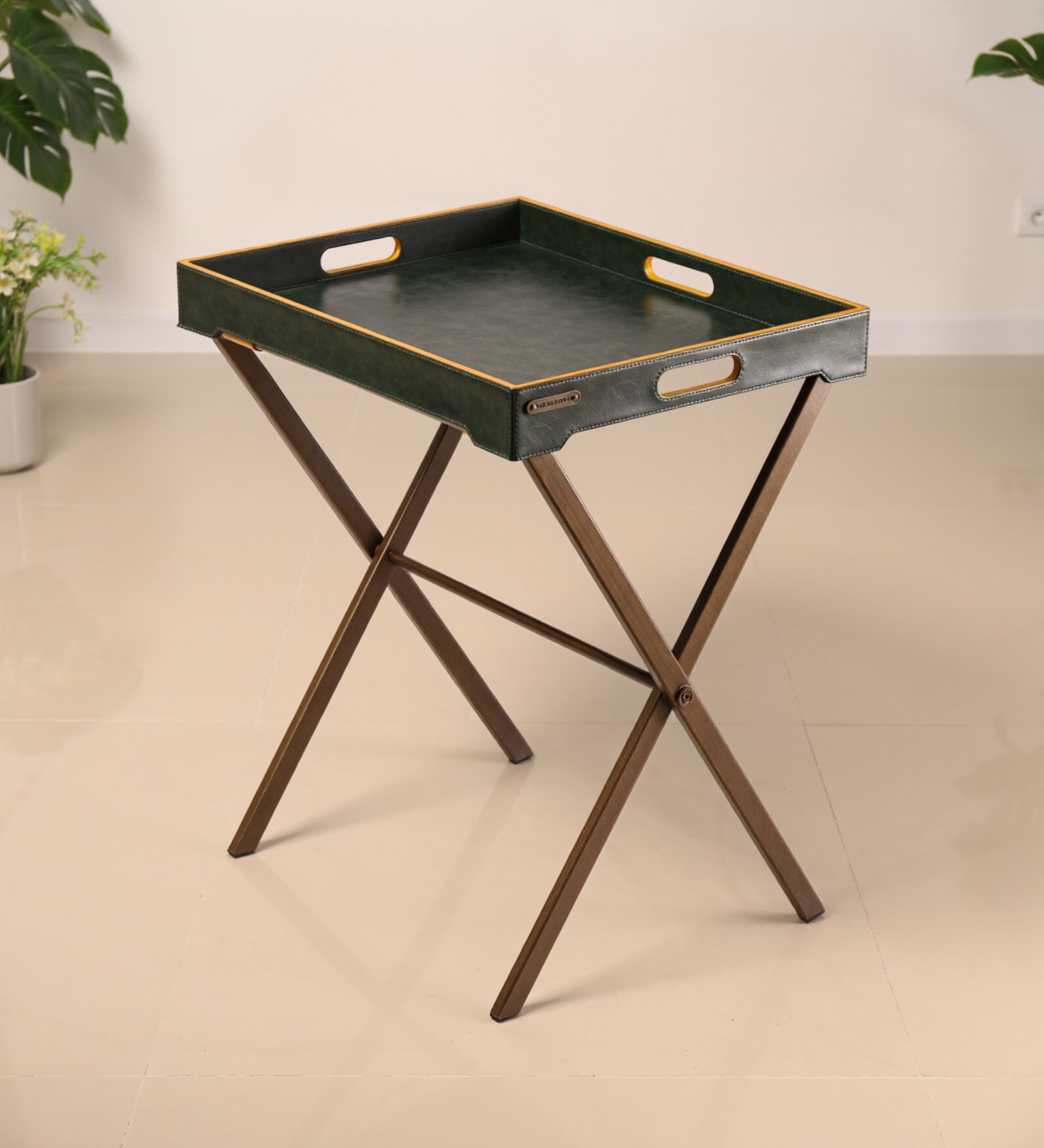 Dual Tone Butler Leather Foldable End Table In Green Finish