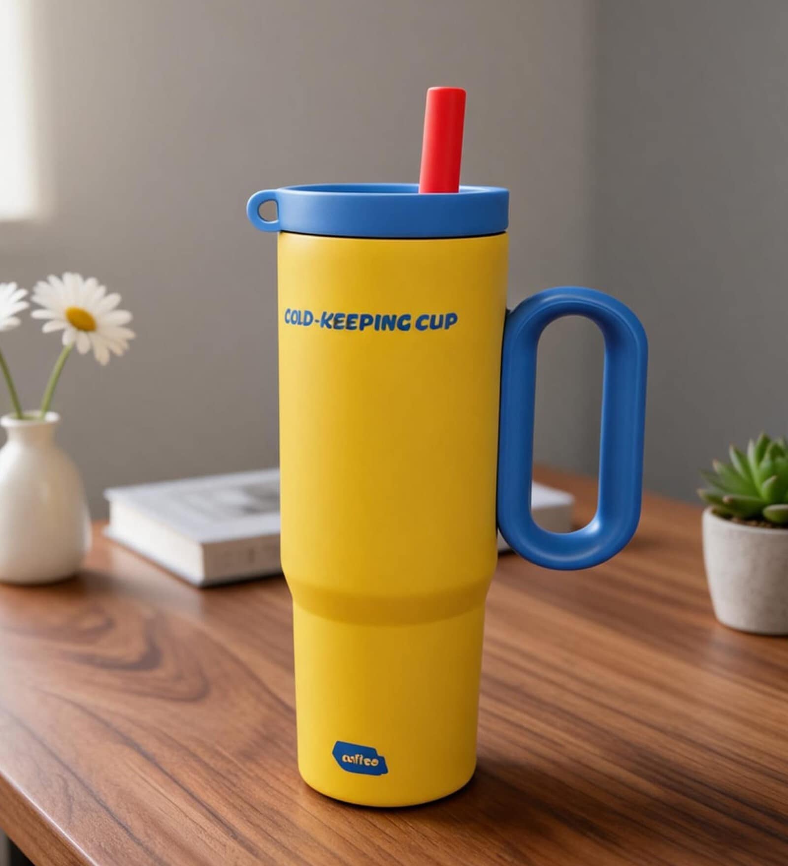 Yellow Dual Tone Stainless Steel Tumbler with Handle & Straw, 900 ml