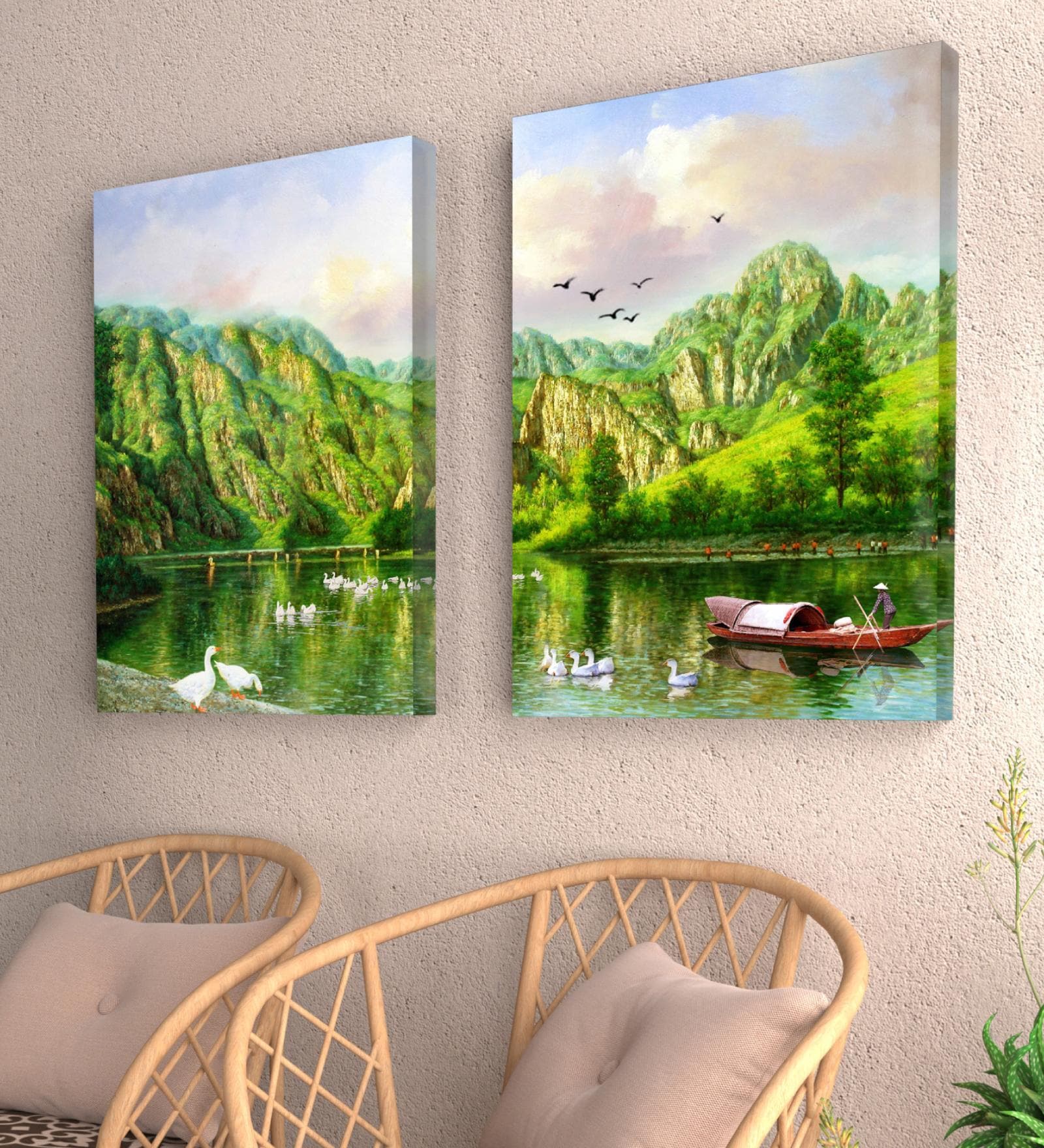 Duck In Lake Mountain Multicolour Synthetic Wood (Set of 2) Art Panels