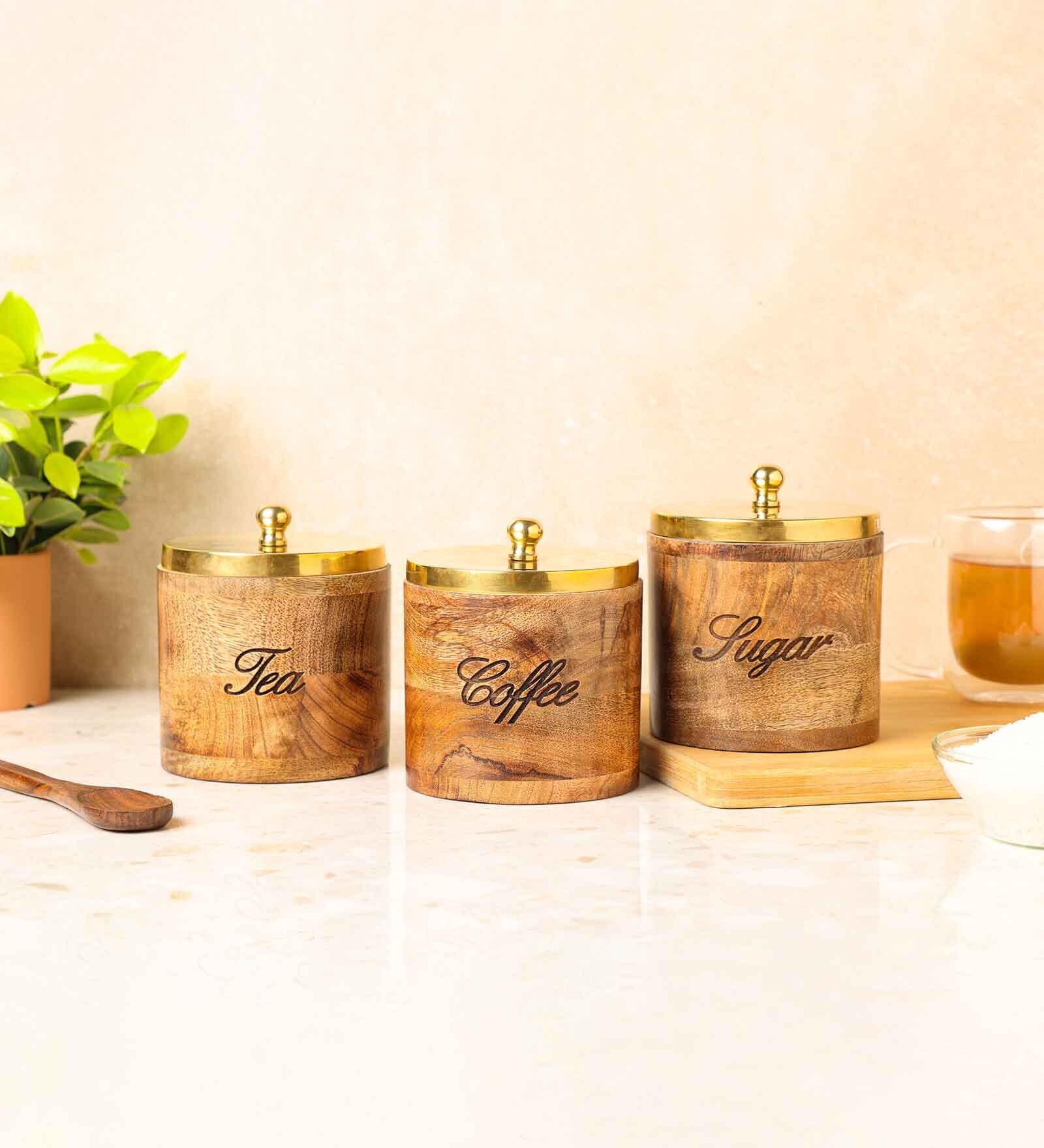 Brown & Golden Wood 800Ml (Set of 3) Storage Jar & Containers