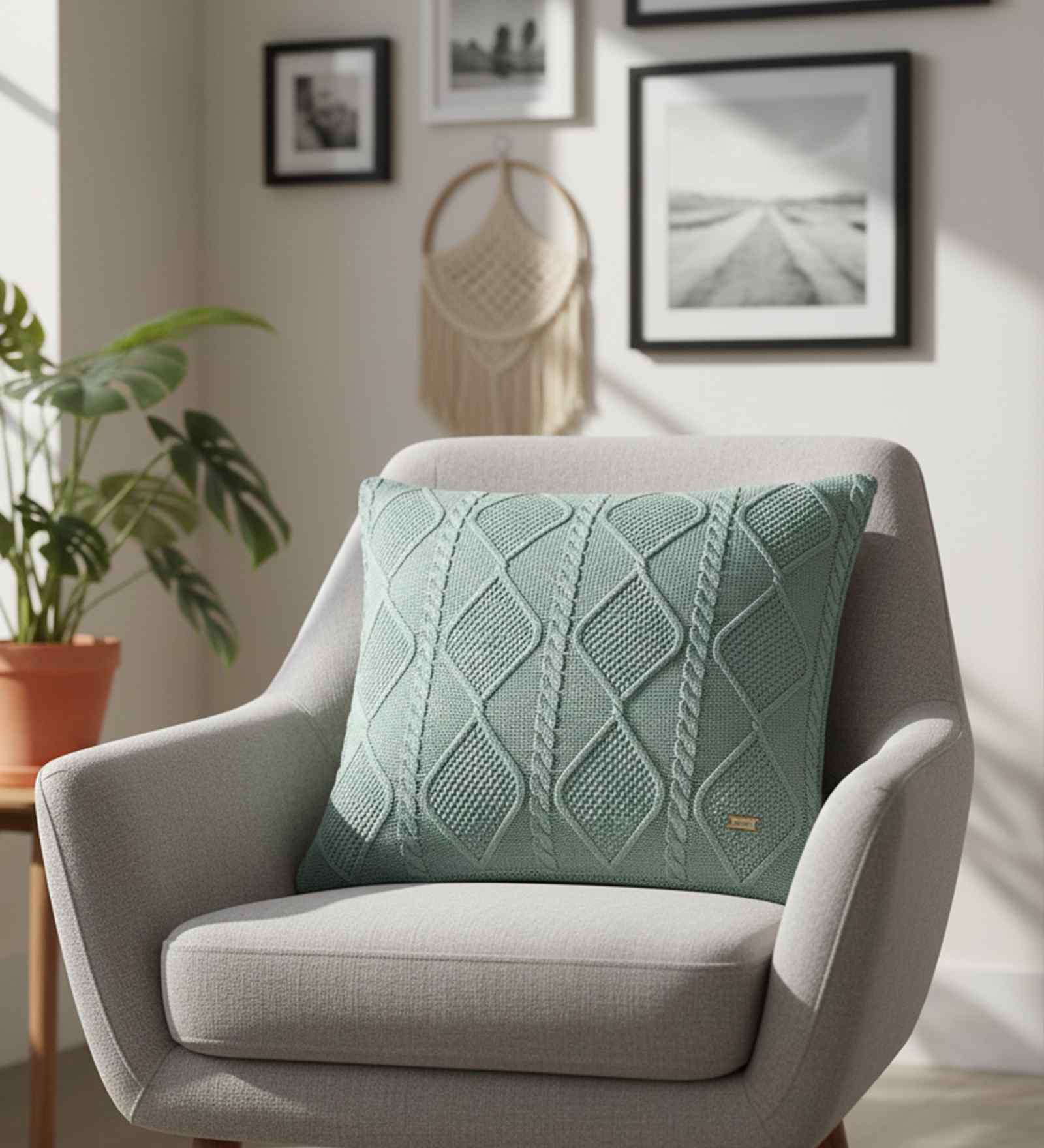 Dull Blue 100% Cotton Cable Moss 16X16 Inches Knitted Cushion Cover