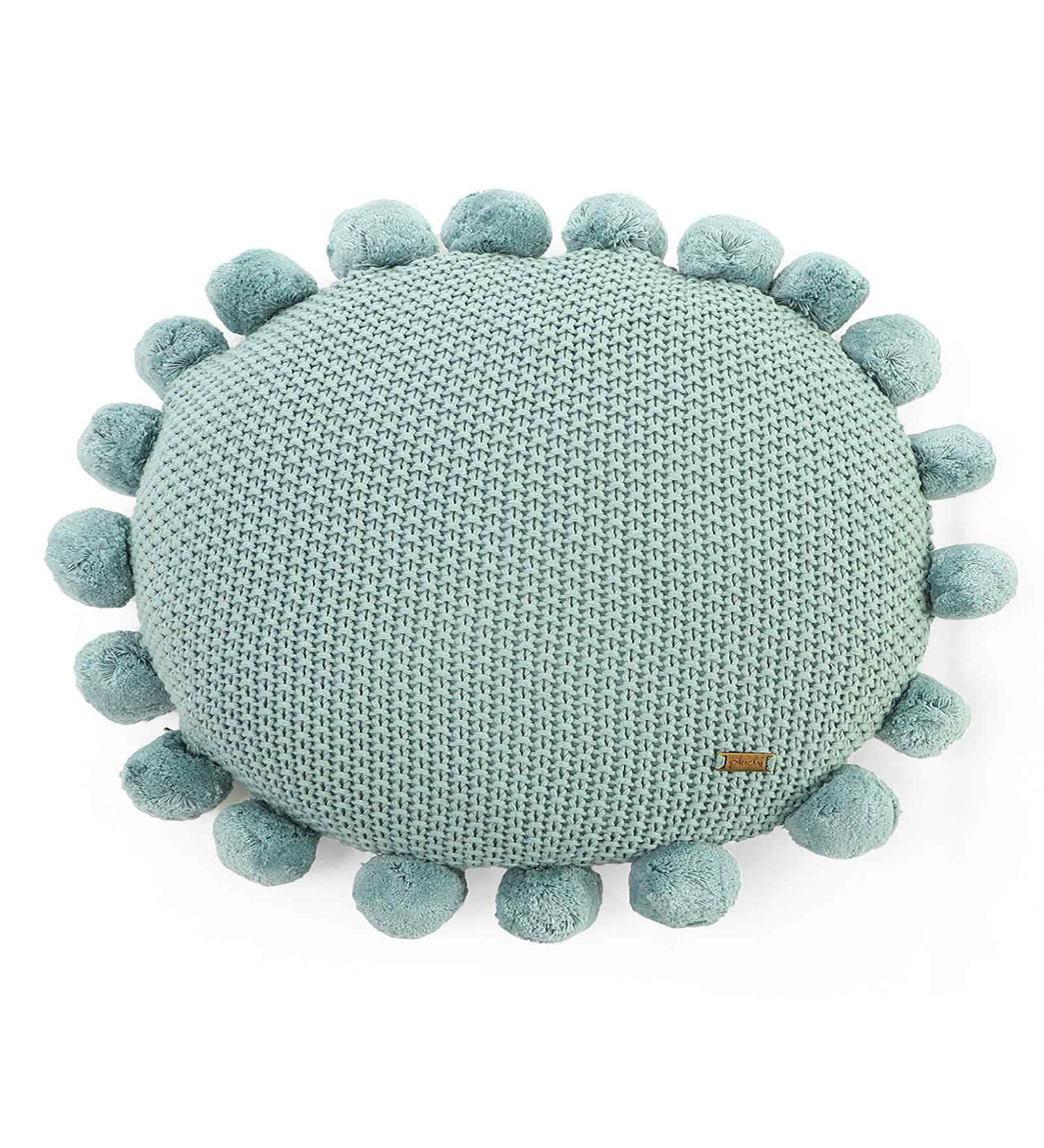 Dull Blue 100% Cotton Pom Pom 16X16 Inches Knitted Cushion Cover