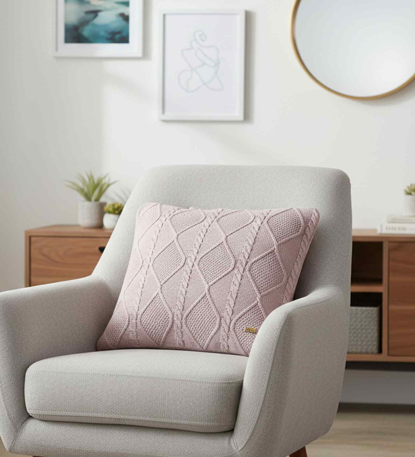 Dull Rose 100% Cotton Cable Moss 16X16 Inches Knitted Cushion Cover